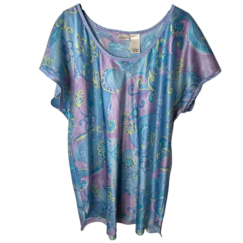 VTG Delicates Satin Mini Nightgown 2X Blue Purple Floral Paisley Sleep SS  Dress